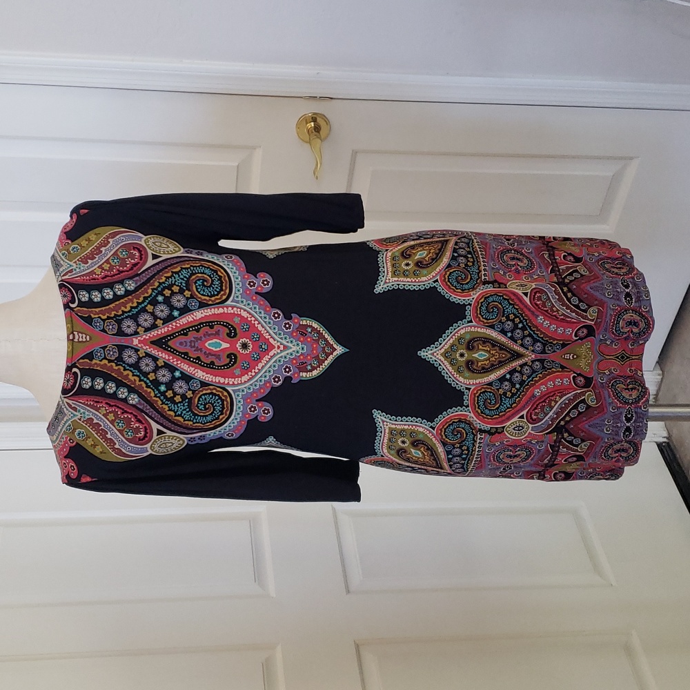 Vintage Black Boho Paisley Dress Tunic Jewel Tone Floral 3/4 Sleeve | SIZE SMALL - Picture 5 of 17